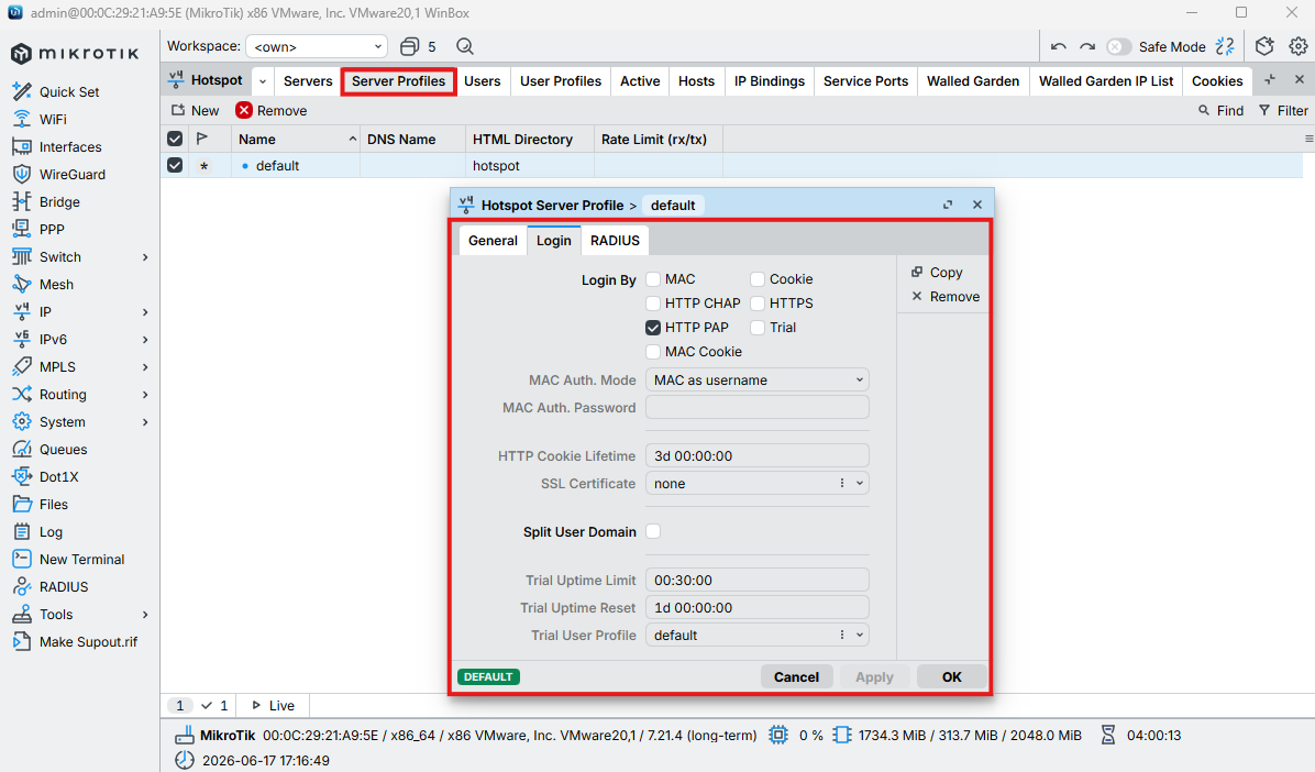 MikroTik Server Profile Login tab