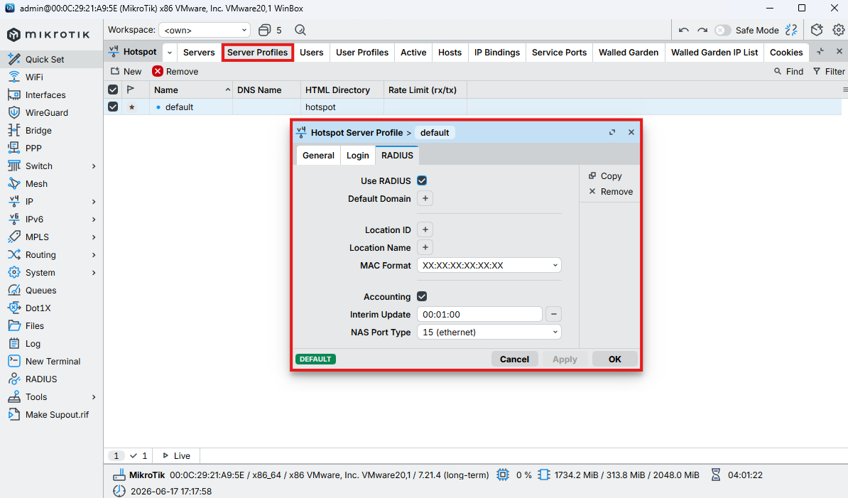 MikroTik Server Profile RADIUS tab