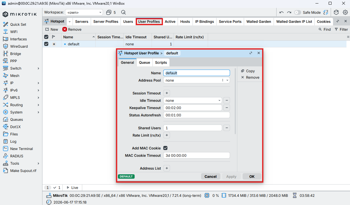 MikroTik User Profiles default